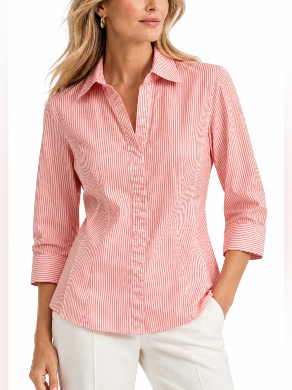 Lafayette 148 New York Striped Split Neck Popover Blouse Coral White 10 Cotton